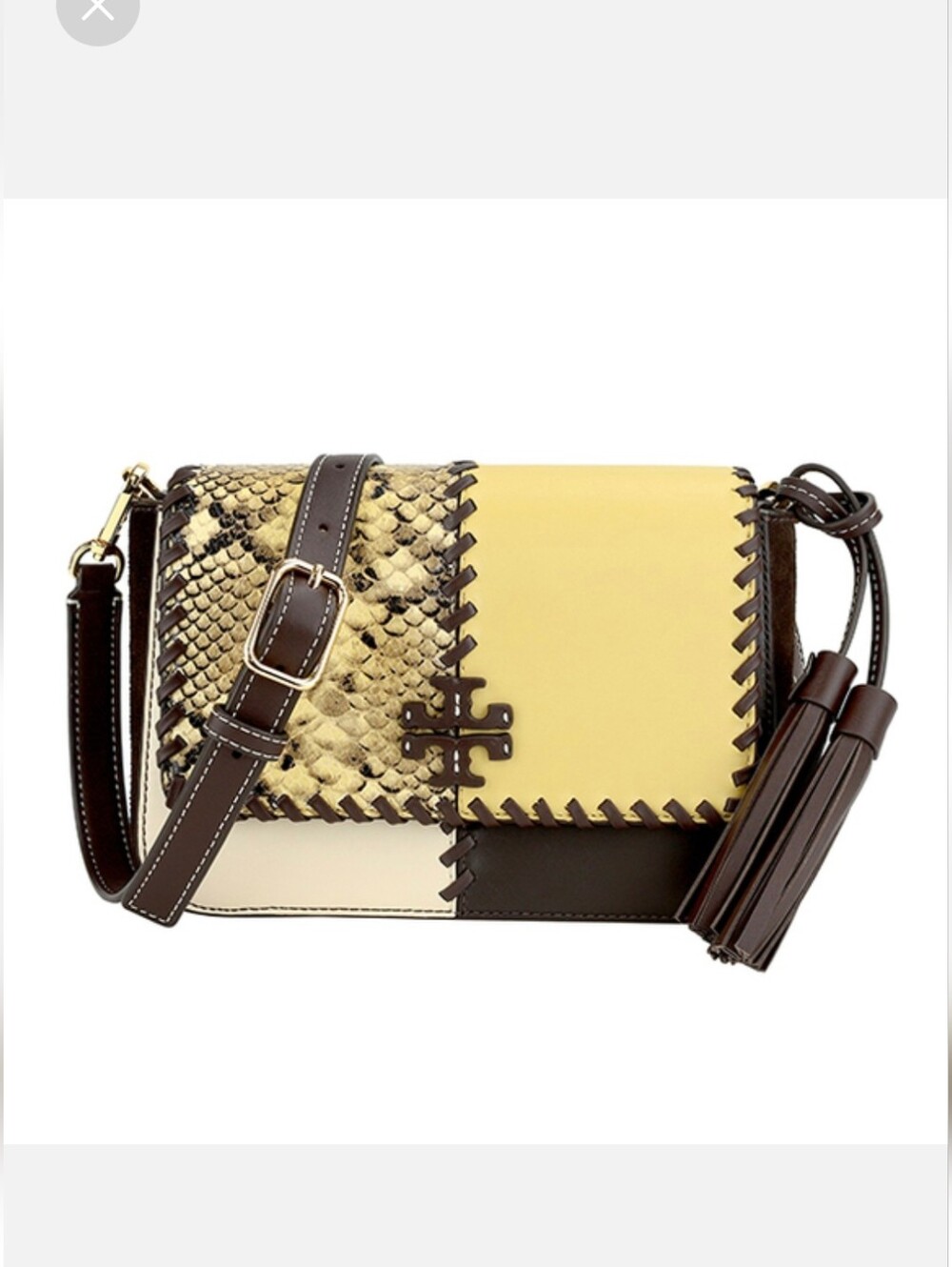 Tory Burch  Thea Patchwork Leather & Snakeskin Yellow, Brown & Cream Crossbody - Picture 2 of 5